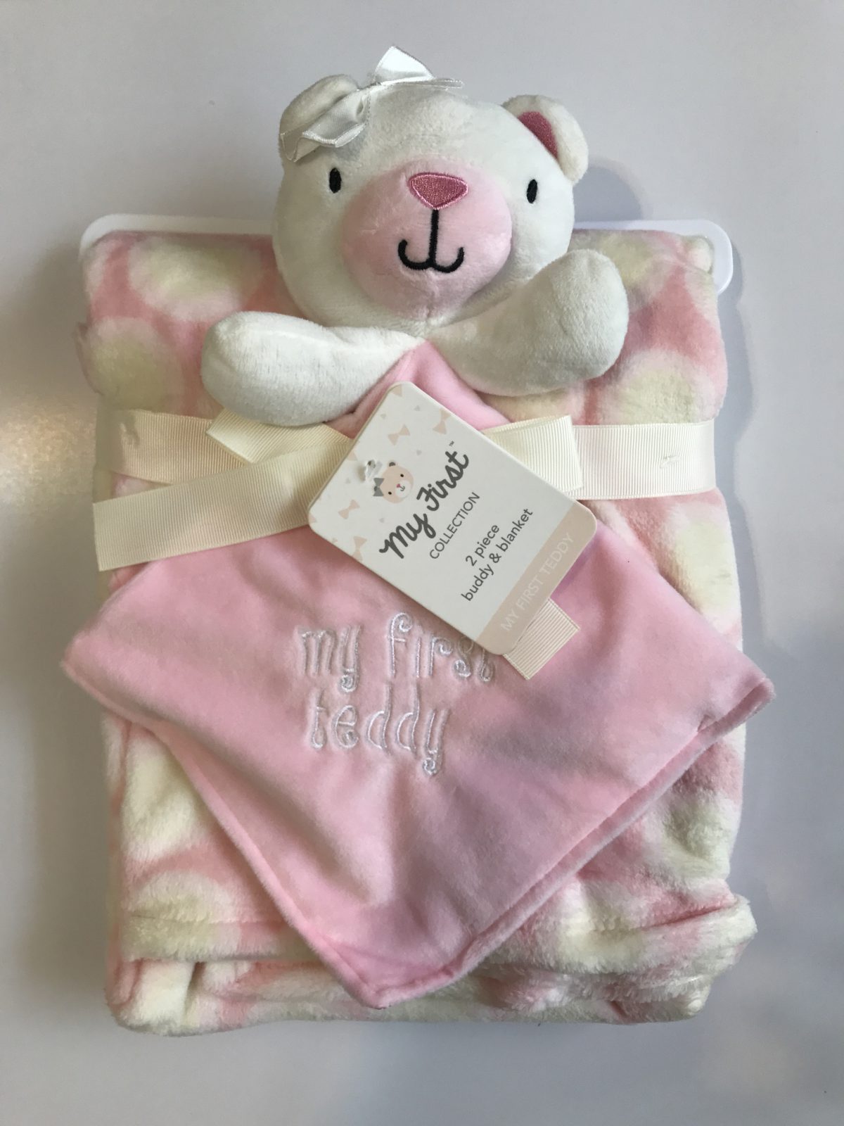 پتو نوزادی با دستمال عروسکی طرح خرس صورتی